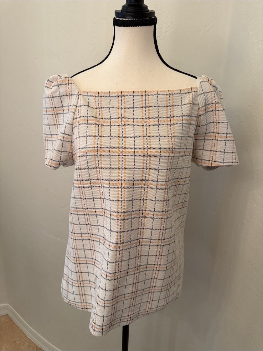 Ann Taylor Cream Plaid Square-Neck Puff Sleeve Blouse